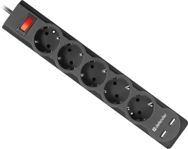 Сетевой фильтр 1,8 м Defender DFS 751, 5 розеток, 2xUSB, 2.1A, чёрный