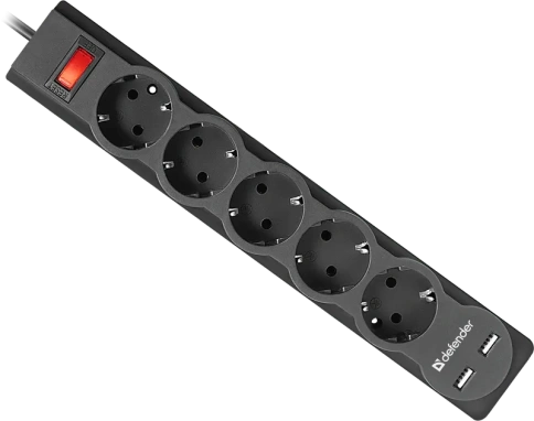 Сетевой фильтр 1,8 м Defender DFS 751, 5 розеток, 2xUSB, 2.1A, чёрный фото 1